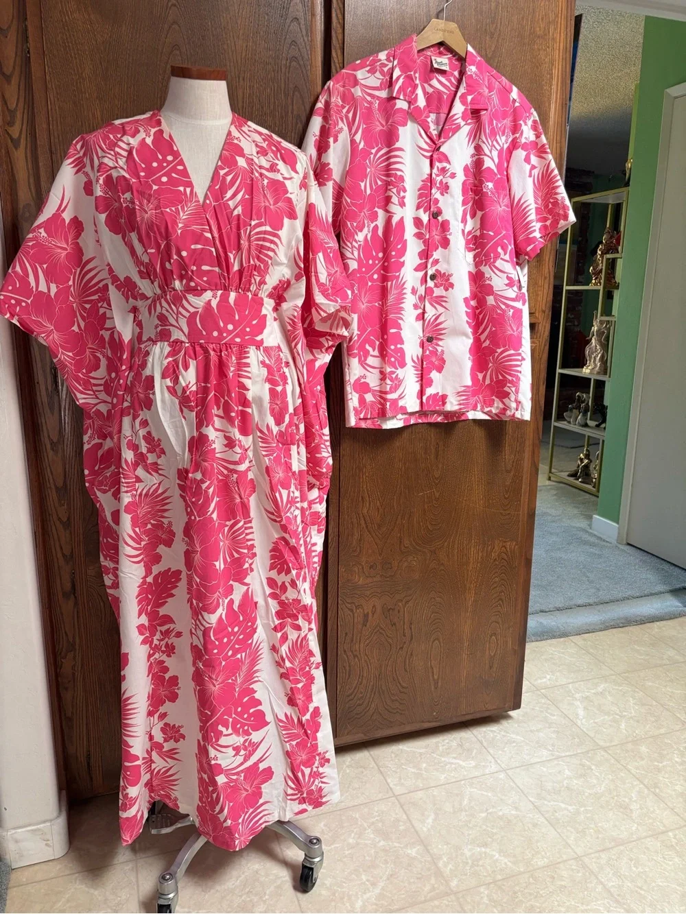 Pink & White Hawaiian Maxi Dress with Mens Matching Shirt. Honeymoon Set.